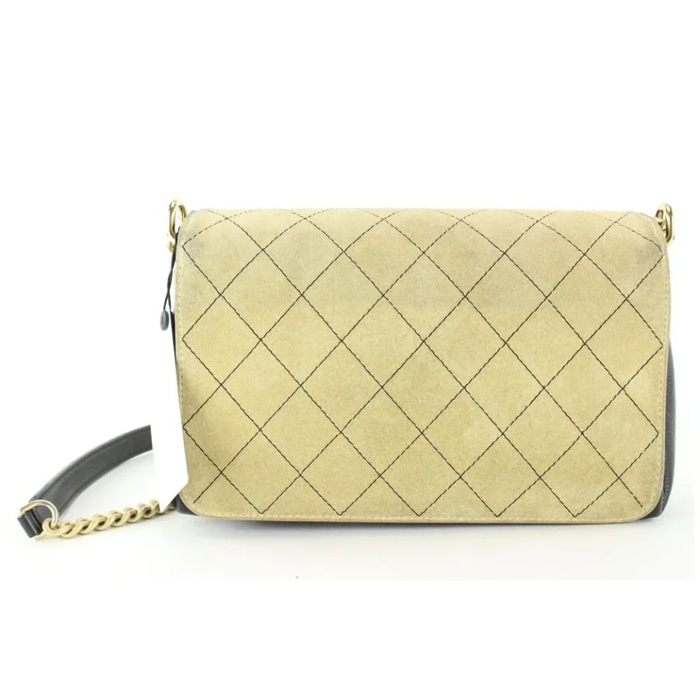 Chanel Beige Quilted Suede x Black Leather Classic Flap Bag 2CC1202